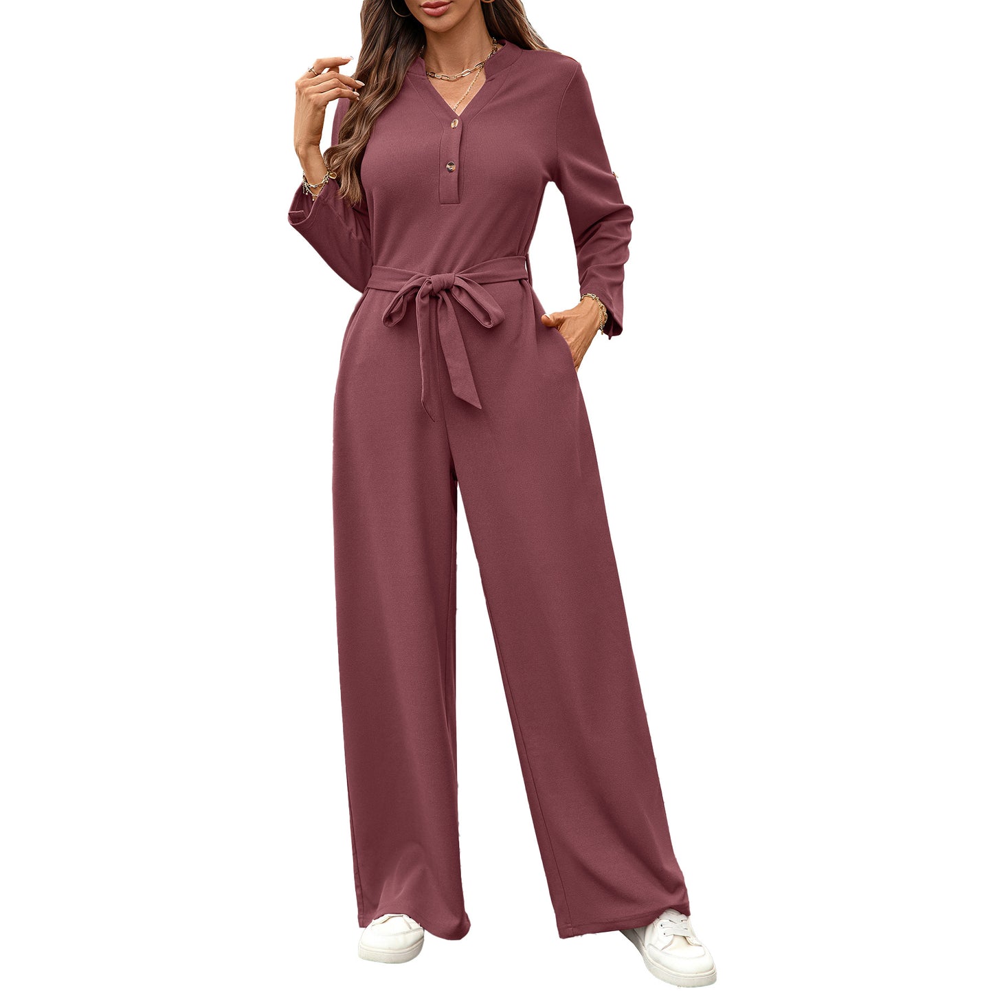 Solid color high waisted button up long sleeved loose jumpsuit by eprolo