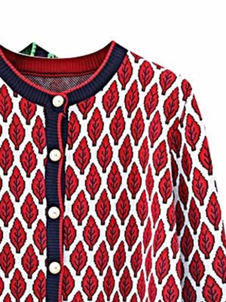 Autumn Cardigan For Women Jacquard Leaf Plaid Slim Round Neck Contrast Color Loose Long Sleeve Sweater