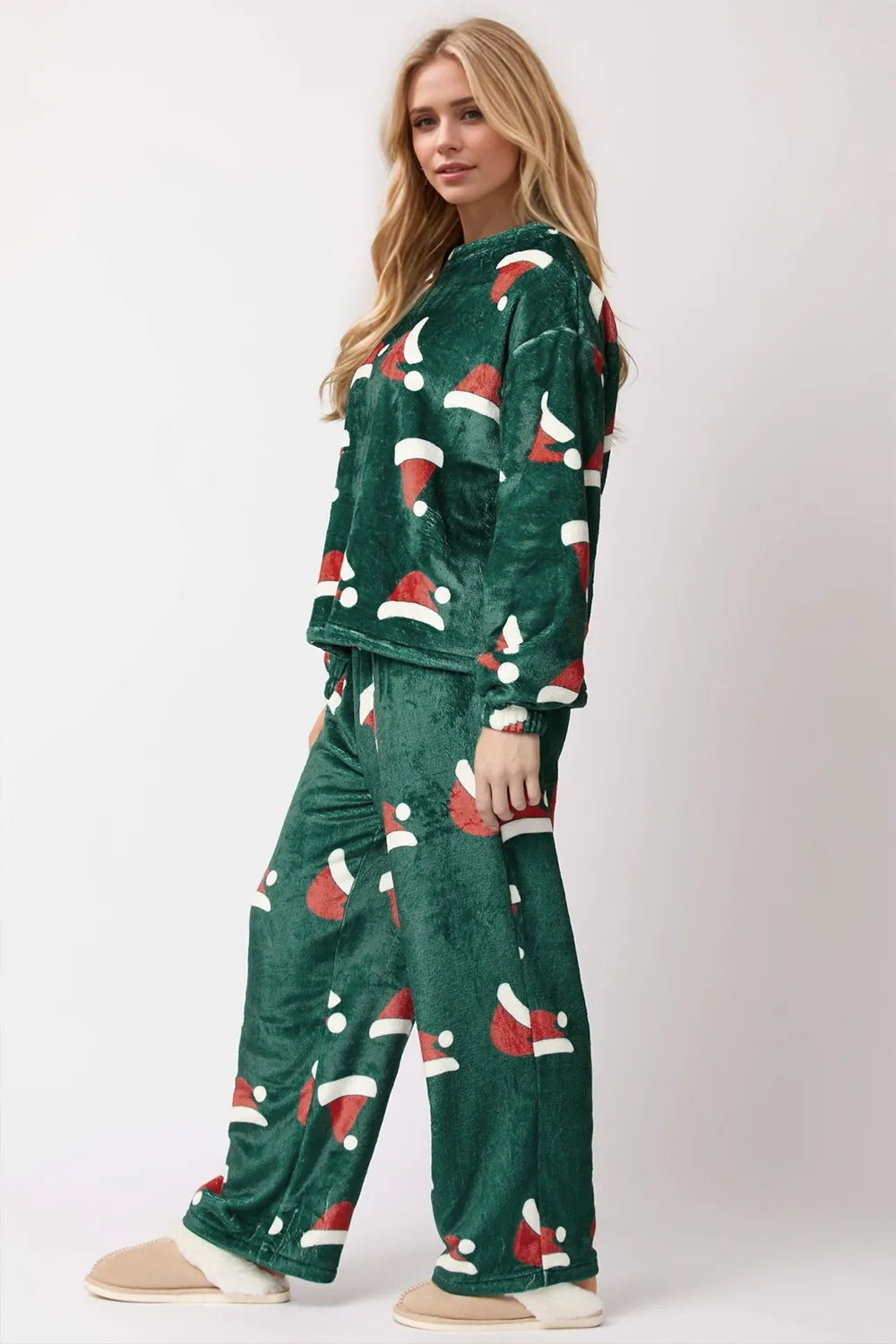 Christmas Hat Pattern Round Neck Long Sleeve Top and Pants Set by eprolo