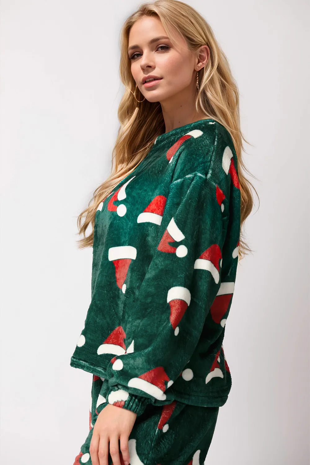 Christmas Hat Pattern Round Neck Long Sleeve Top and Pants Set by eprolo