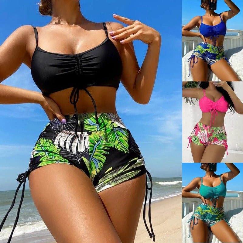 European and American Swimwear Women's Sexy Split Bikini High Waisted Conservative Bikini Leaf Swimwear