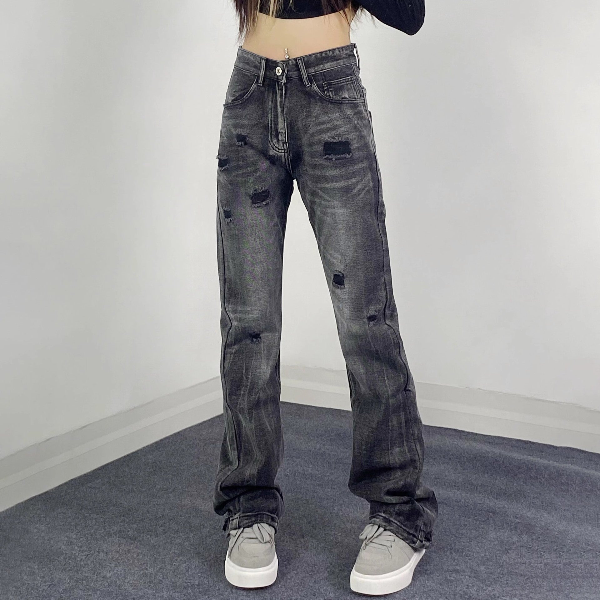 Street Style Retro Ripped Jeans for Women,INS Retro Fitted Slimming Flared Casual Pants by eprolo