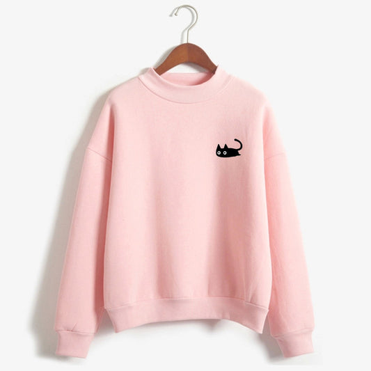 Autumn Casual Harajuku Kawaii Black Cat Sweatshirts Women Long Sleeve Turtleneck Tops Pullover Funny Cartoon Print Hoodies