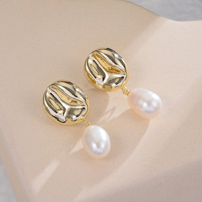 Fashion trend round concave and convex metallic drop shaped freshwater pearl pendant simple personality temperament earrings