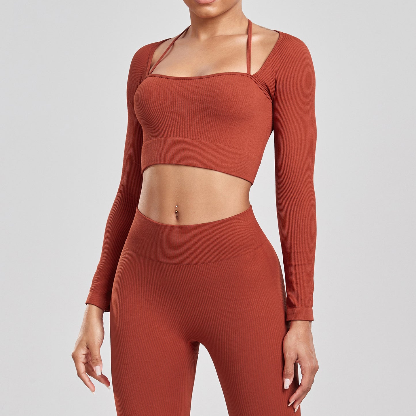 Sports Running Seamless Ribbed Long Sleeve Yoga Fitness Set, Bodycon High-Waisted Backless T-Shirt, Quick-Dry Workout Apparel by eprolo