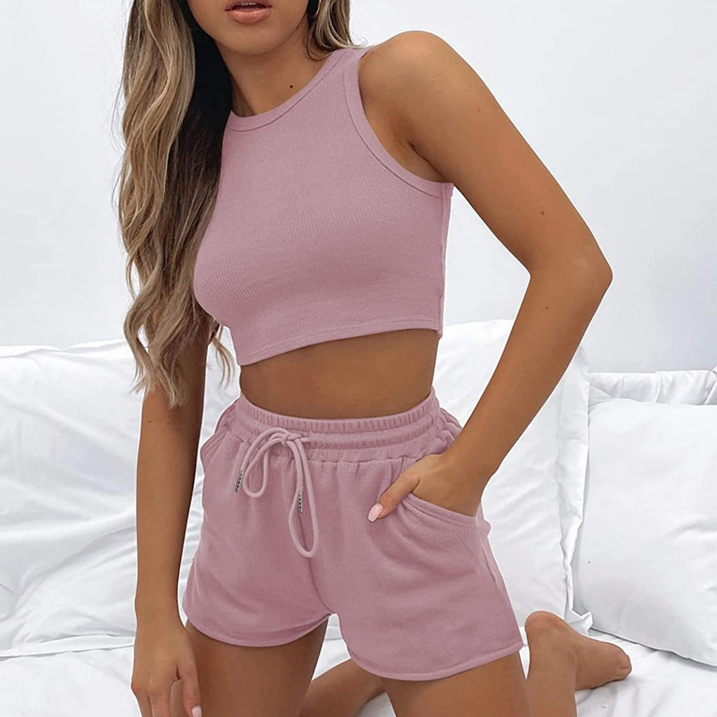 Casual Solid Color Sleeveless Waffle Knit Short Crop Top 2-Piece Set Women's Fashion Outfit