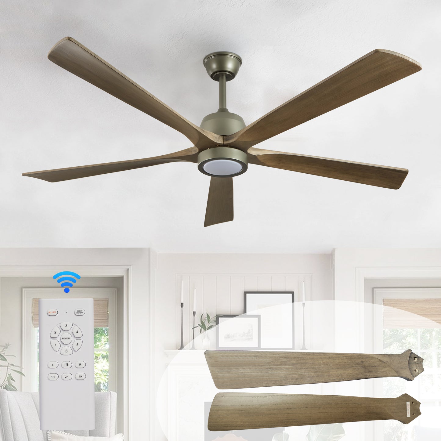 60 "modern wooden ceiling fan with lighting and remote control, 6-speed noiseless reversible DC motor ceiling fan by eprolo
