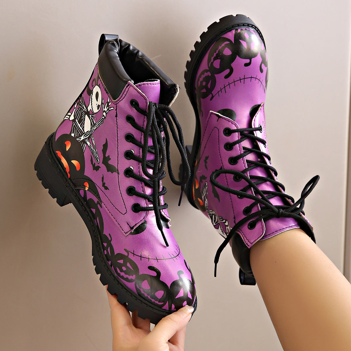 Printed short boots for women, round toe, thick heel, lace up, European and American Martin boots by eprolo