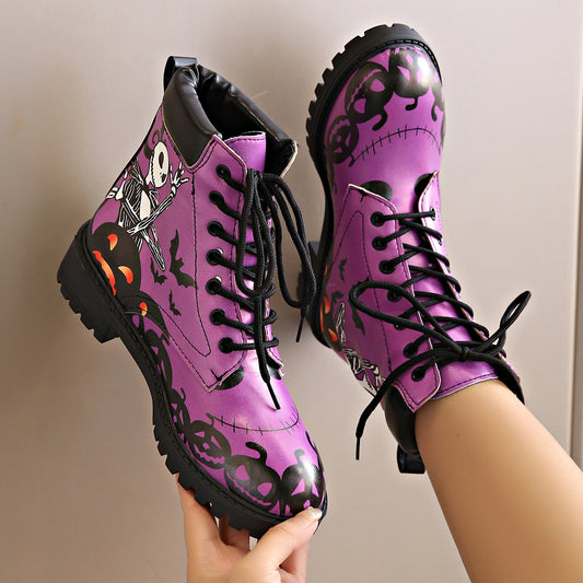 Printed short boots for women, round toe, thick heel, lace up, European and American Martin boots by eprolo