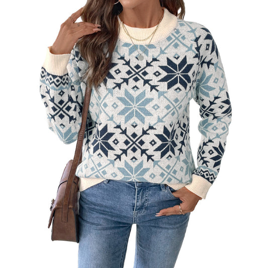 Long sleeved round neck snowflake geometric pattern sweater by eprolo
