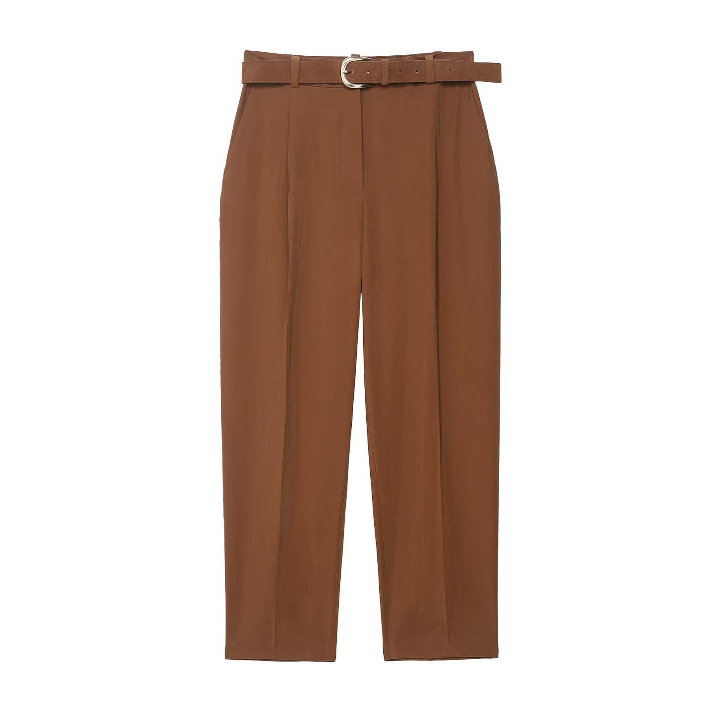 Narrow leg pants with waist belt and hanging pleats by eprolo