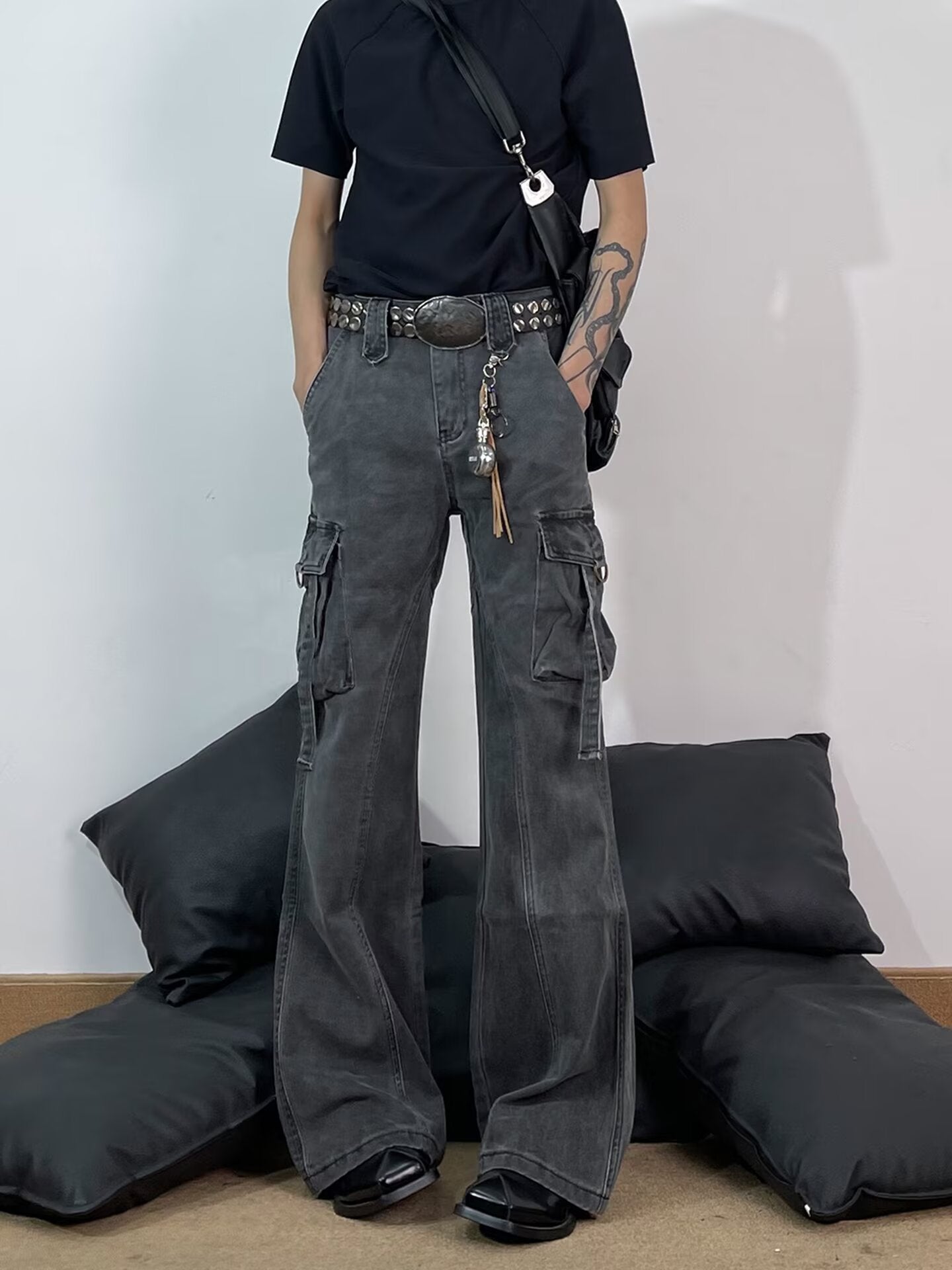 Retro Deconstructed Multi-Pocket Flared Cargo Pants for Men, Cool Streetwear Brand, Loose Clean Fit Straight Leg Casual Pants by eprolo