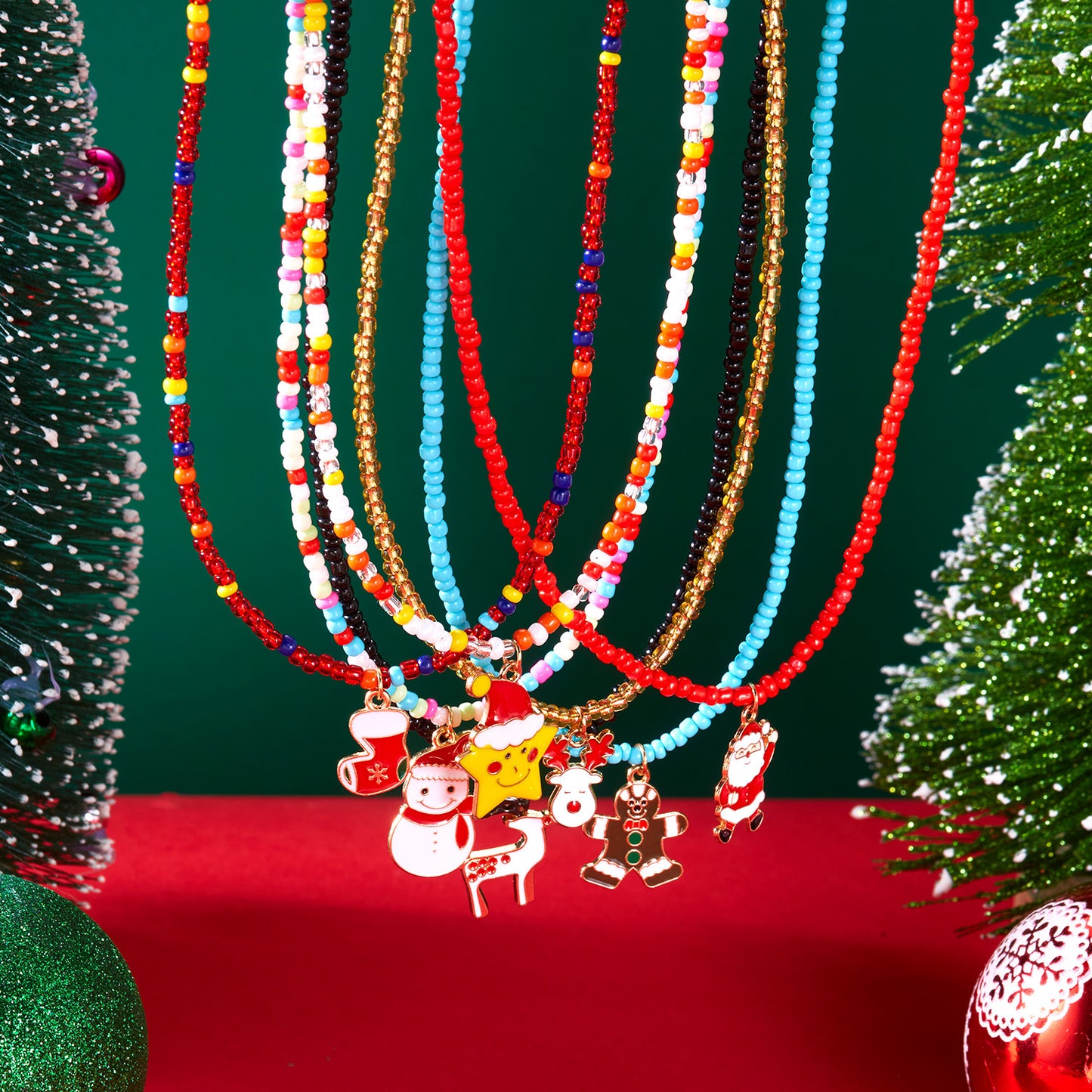 Christmas Cartoon Santa Bell Snowman Snowflake Pendant Colorful Seed Bead Necklace for Women by eprolo