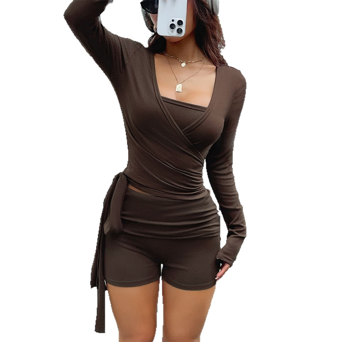 Solid color lace up long sleeved T-shirt shorts set by eprolo