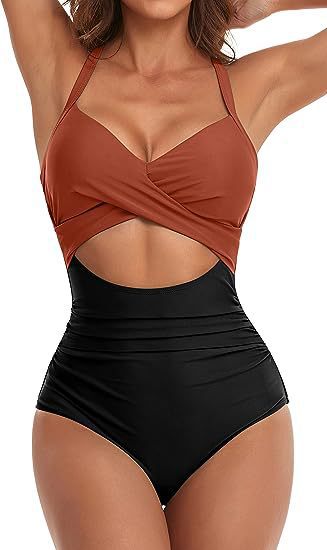 one-piece hard pack swimsuit with hollowed out solid color swimsuit, women's high waisted tight fitting swimsuit by eprolo