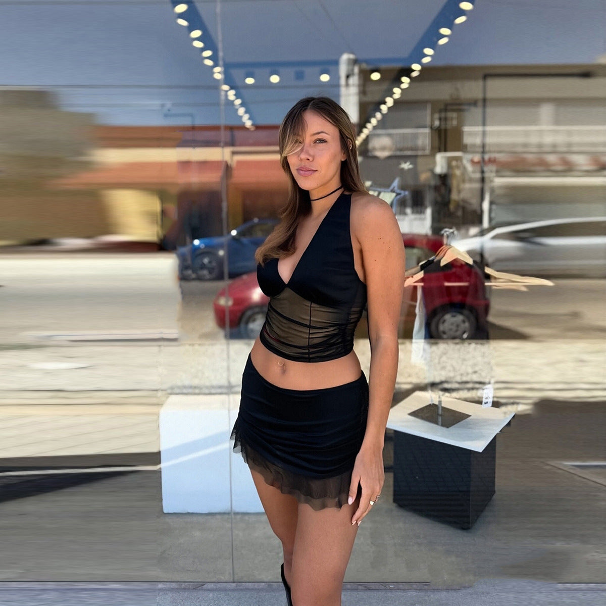 Bare back and navel mesh hanging neck skirt set for women by eprolo