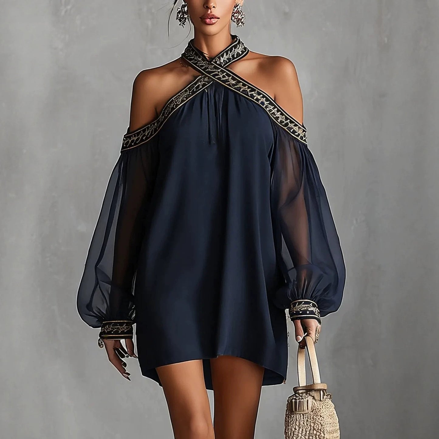Fashion Design Embroidered Strapless Dress with Off-Shoulder Sheer Lantern Sleeve Loose Slimming Resort Style by eprolo