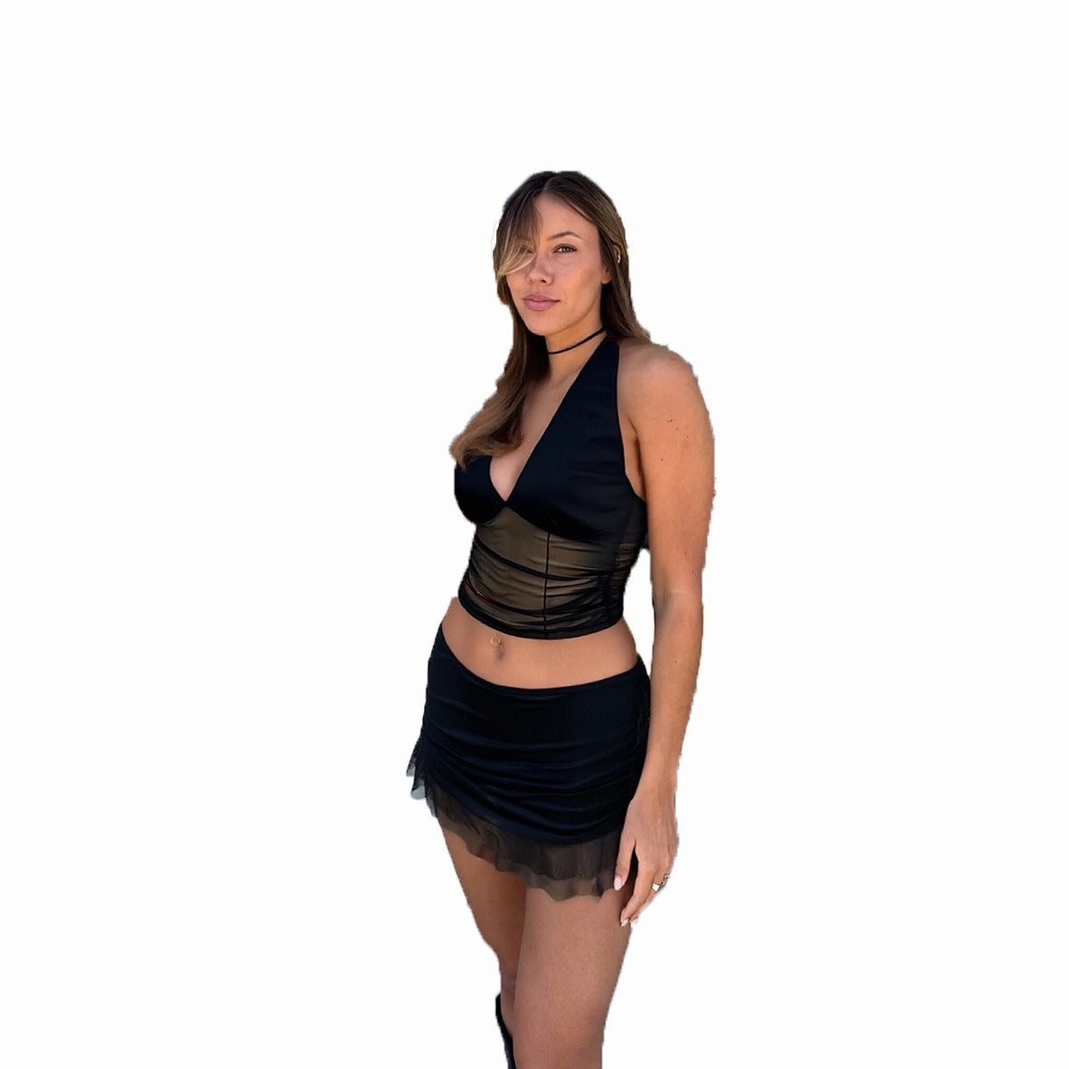 Bare back and navel mesh hanging neck skirt set for women by eprolo