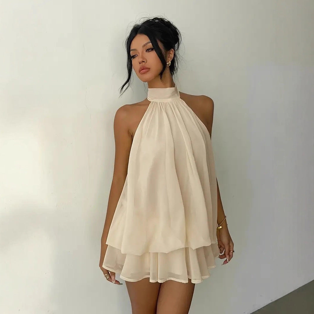 Women's vacation fitted sexy backless halter neck tie-waist dress with puffy short skirt by eprolo