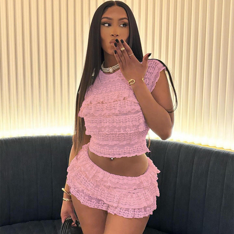 New Fashion Style Sweet and Spicy Girl Solid Color Hollow out Slim Fold Shorts Set for Women by eprolo