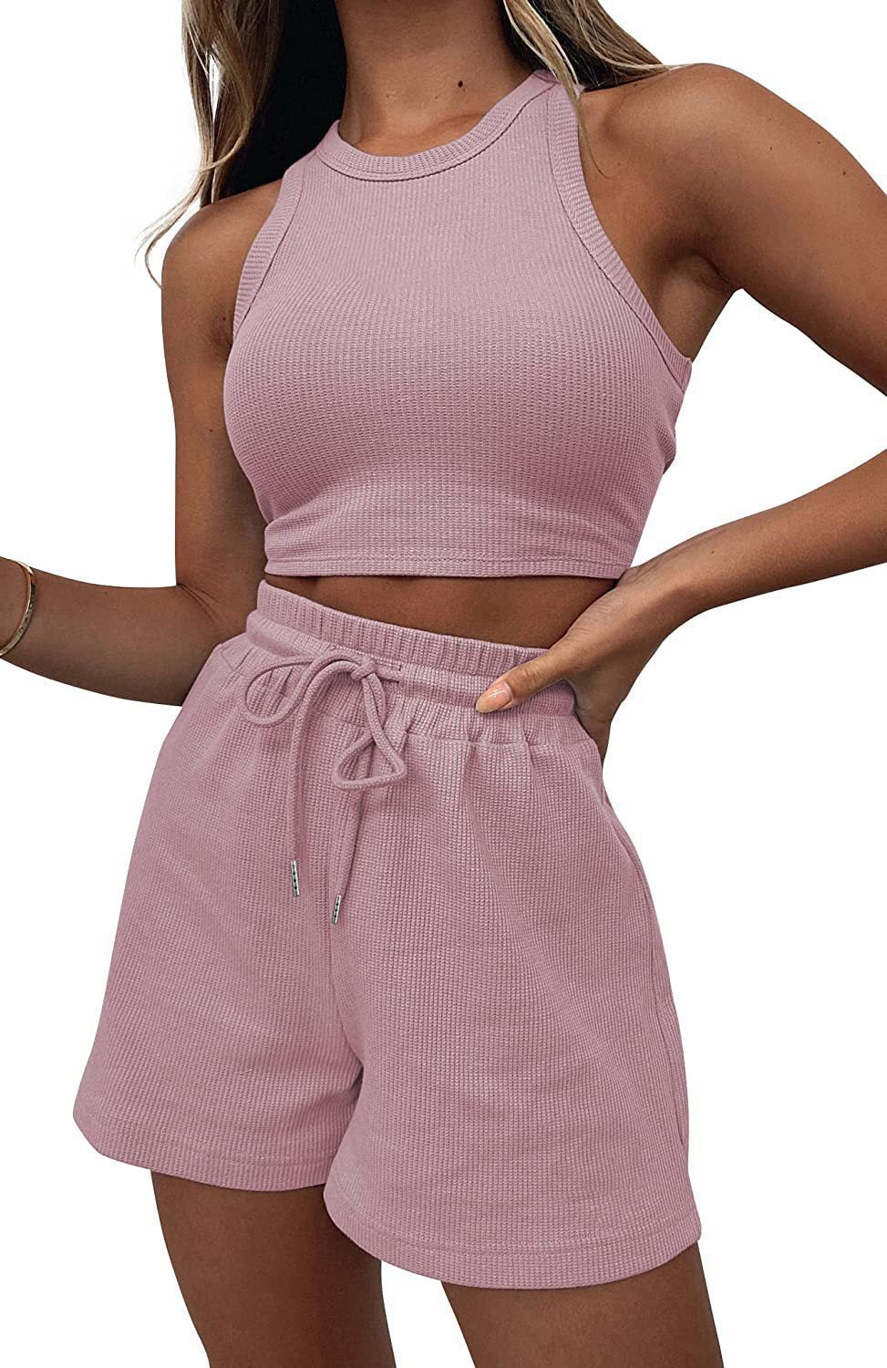Casual Solid Color Sleeveless Waffle Knit Short Crop Top 2-Piece Set Women's Fashion Outfit