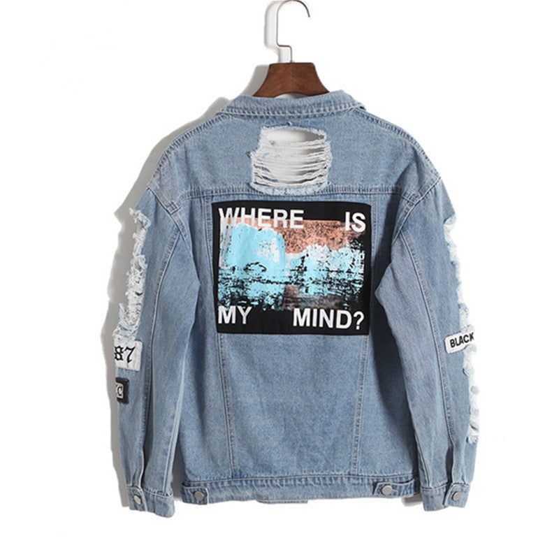 Vintage  Wash Water Distrressed Denim Jacket Embroidery Letter Loose Back Applique BF Denim Coat