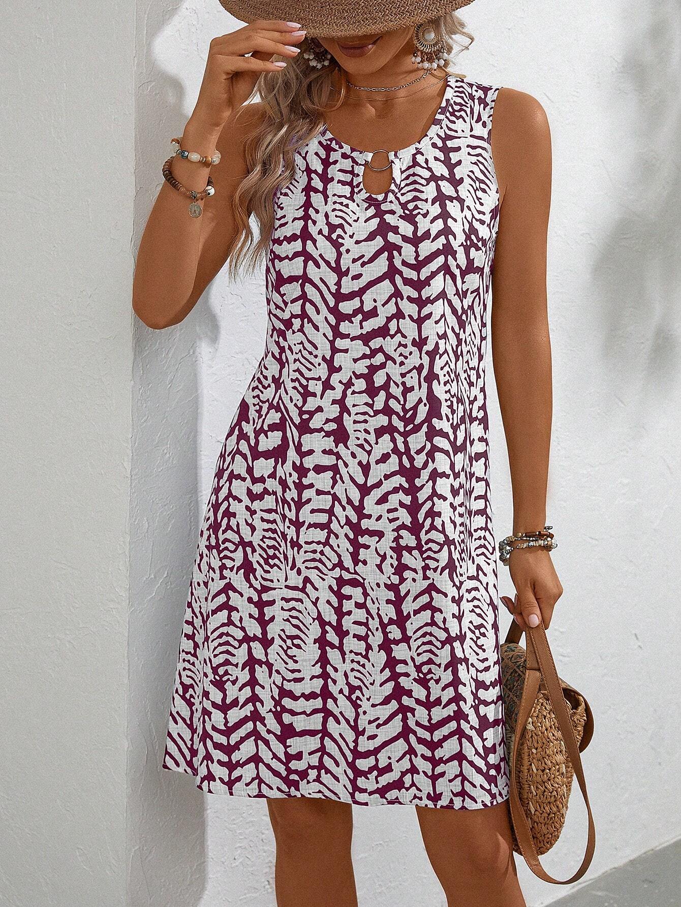 Elegant U-Neck Floral Print Sleeveless Dress with Ring Detail, Mid-Length Summer Dress for Women by eprolo