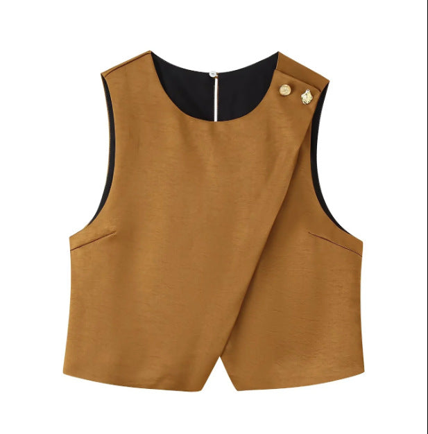 Double breasted silk top+straight leg pants set