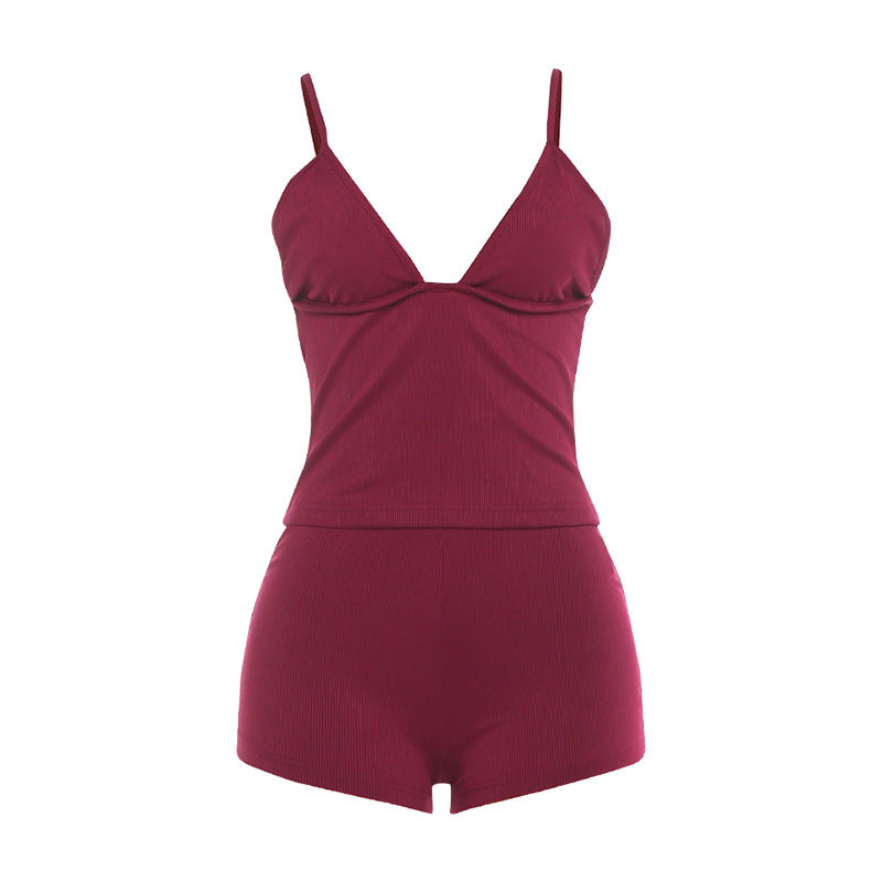 Autumn Winter New Women's Deep V-Neck Strap Sleepwear Solid Color Low Waist Shorts Home Wear Set by eprolo