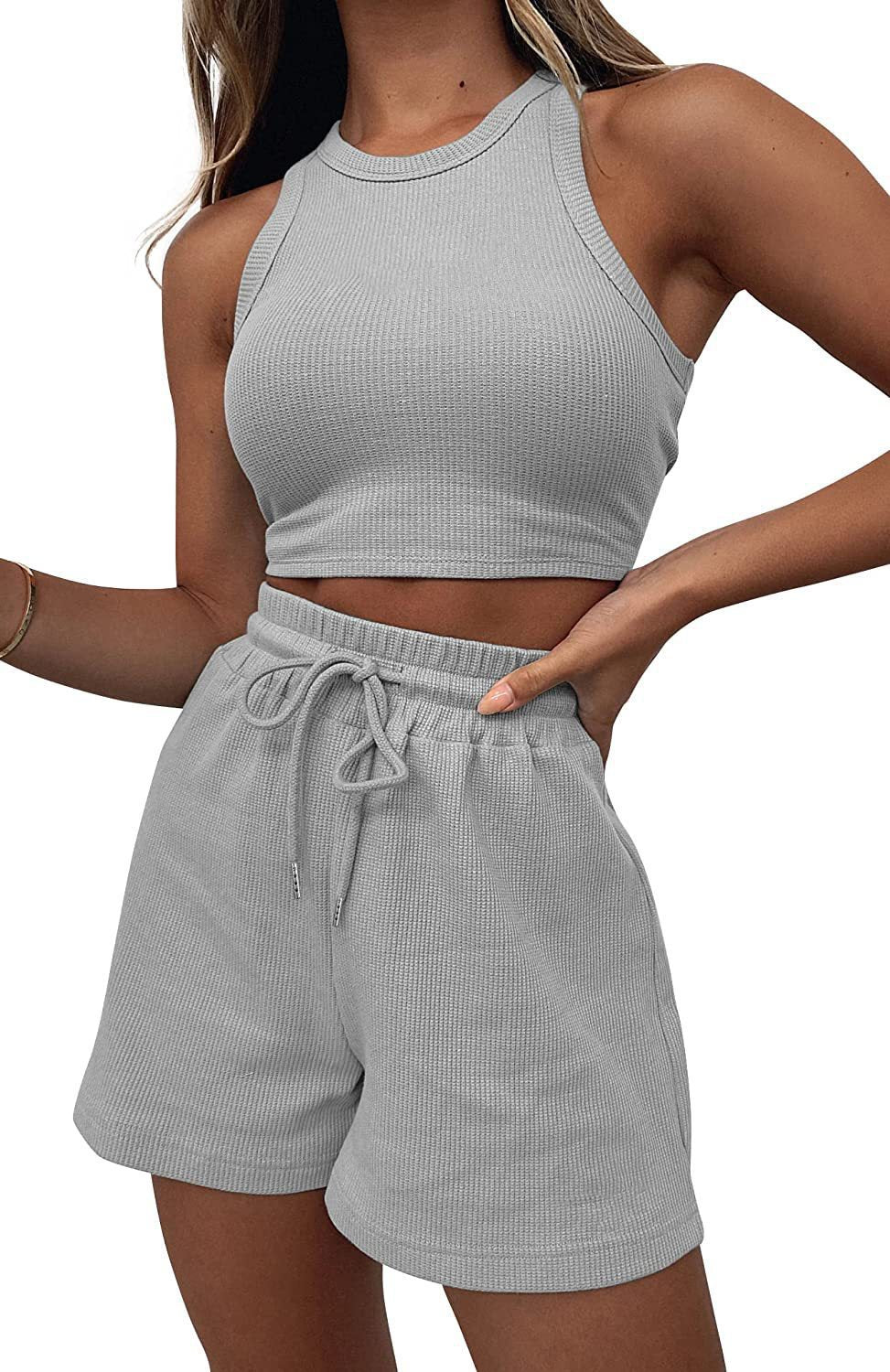 Casual Solid Color Sleeveless Waffle Knit Short Crop Top 2-Piece Set Women's Fashion Outfit by eprolo