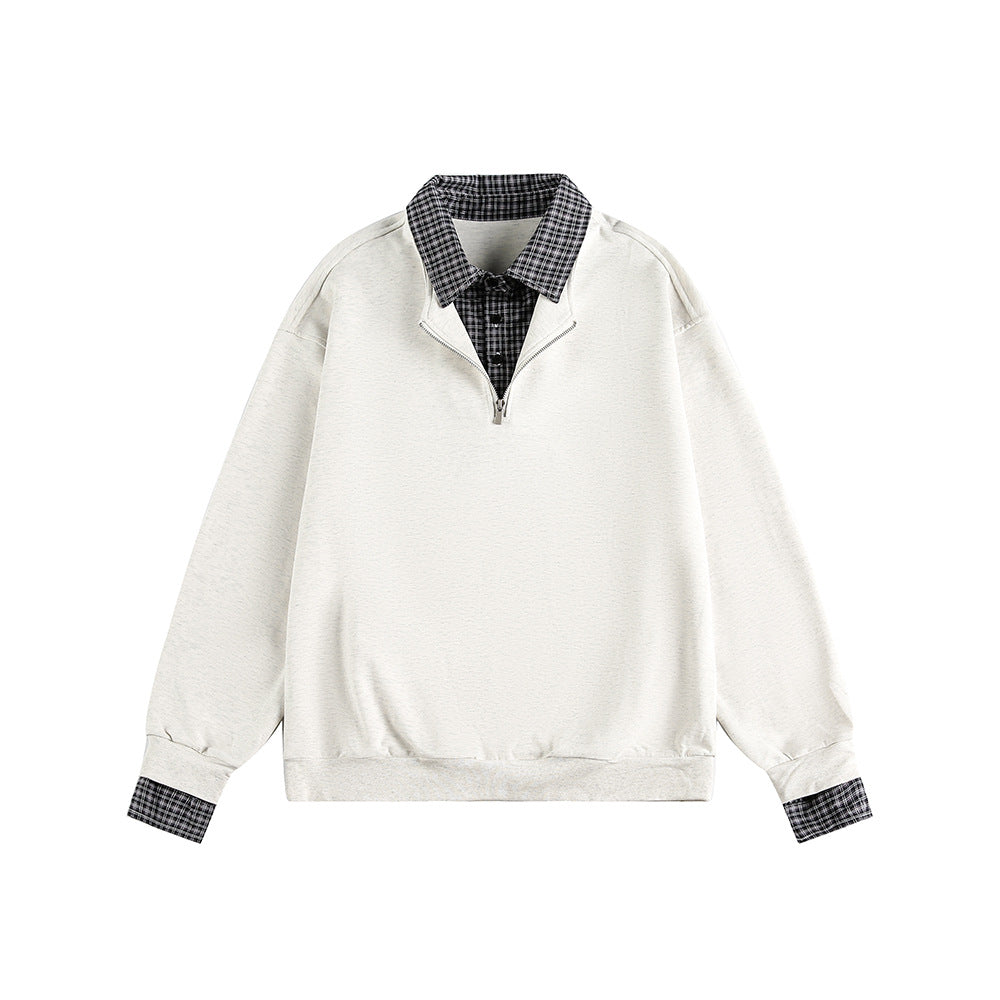 Checkered Spliced Mock Two-Piece Old Money Style Polo Neck Pullover Hoodie