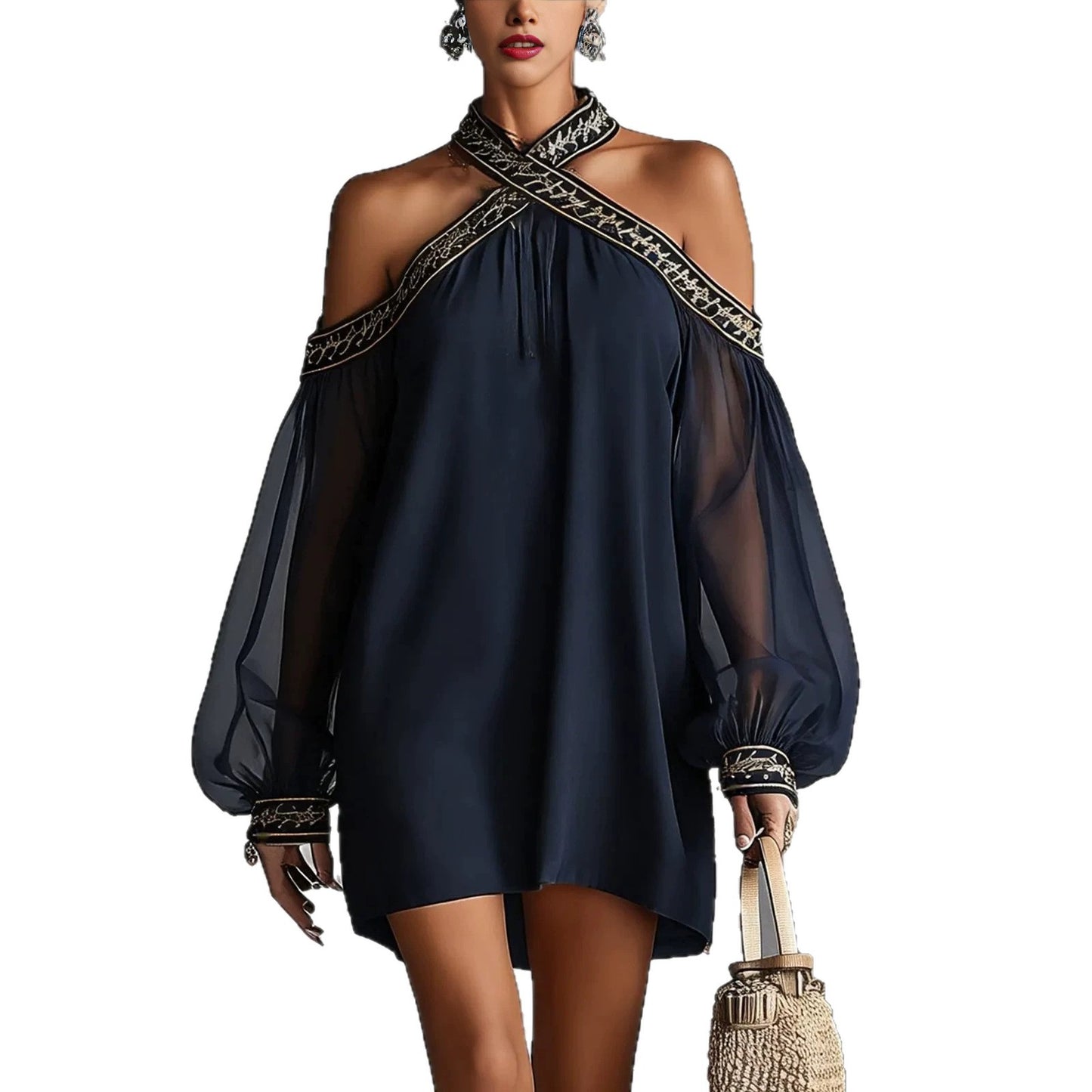 Fashion Design Embroidered Strapless Dress with Off-Shoulder Sheer Lantern Sleeve Loose Slimming Resort Style by eprolo