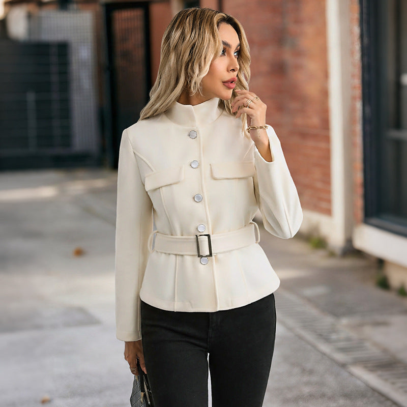 Elegant commuting style with lace up stand up collar solid color woolen coat by eprolo