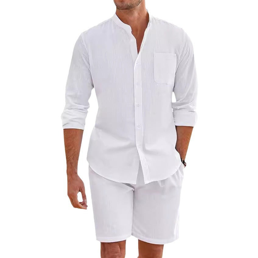 Casual Men's Summer Two-Piece Set Polyester Button-Up Long Sleeve Shirt and Shorts Cardigan Simple Leisure Beachwear