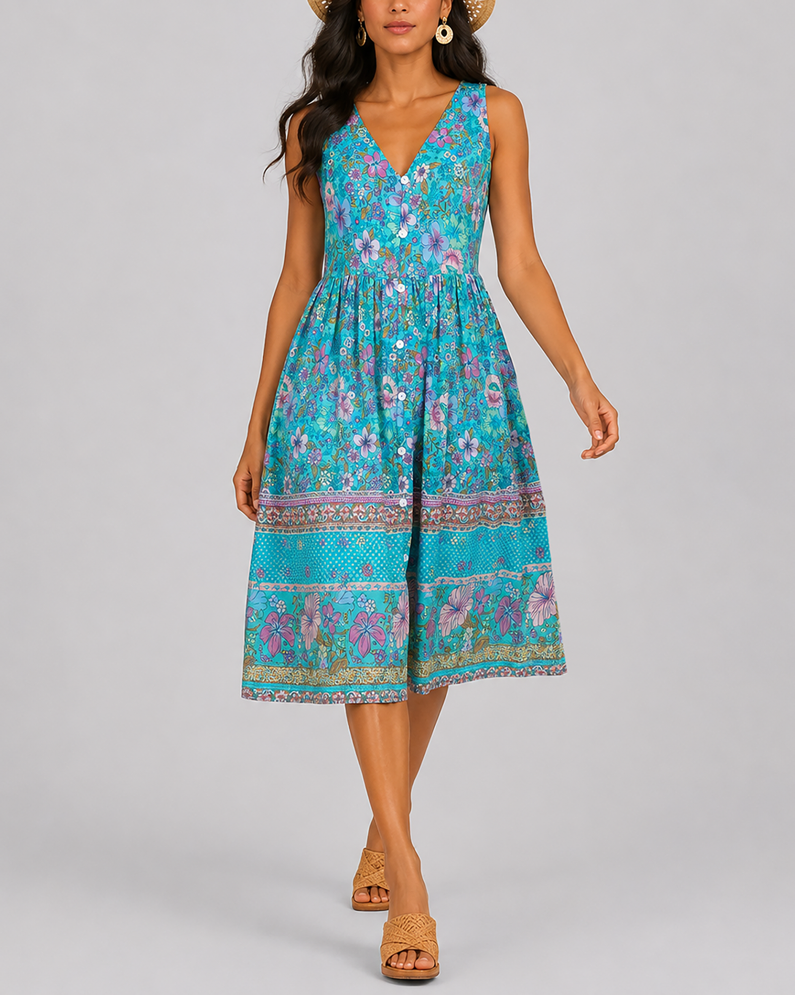 Women's Fashion Ethnic Style Blue Printed V-Neck Open Front Sleeveless Dress by eprolo