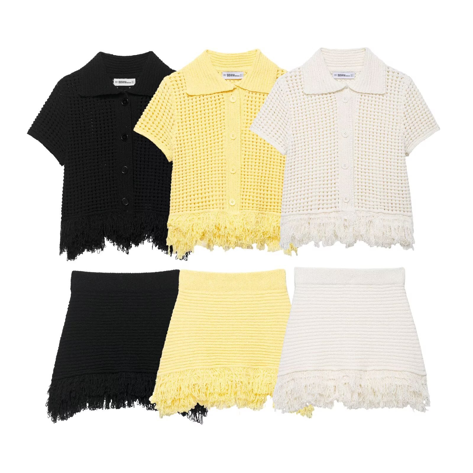 Tassel embellished plaid knitted jacket+half skirt set by eprolo