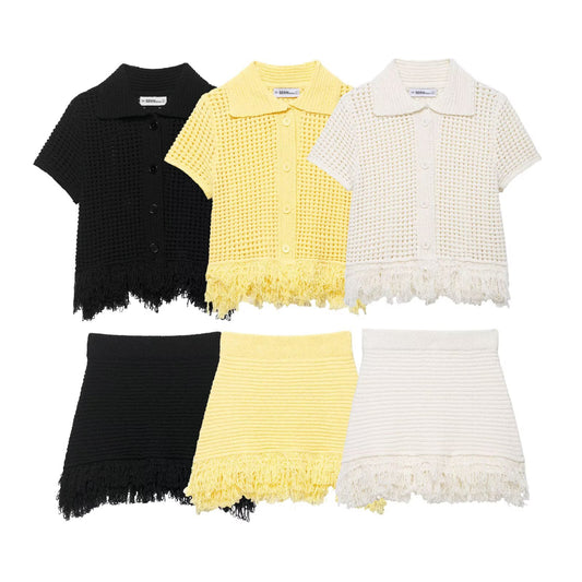 Tassel embellished plaid knitted jacket+half skirt set by eprolo