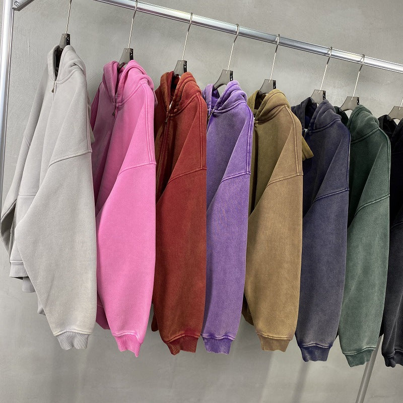 Solid color distressed fleece hoodie loose and versatile washed zipper sweatshirt for men by eprolo