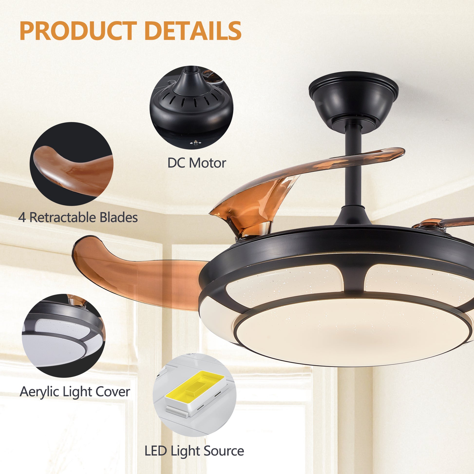 Modern Minimalist Invisible Ceiling Fan Light - Retractable Fan With LED Fixtures - For Living Room, Bedroom and Dining room by eprolo
