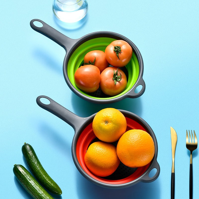 Long handle PP+TPR folding drainage basket retractable water filter basket fruit and vegetable water filter tray by eprolo