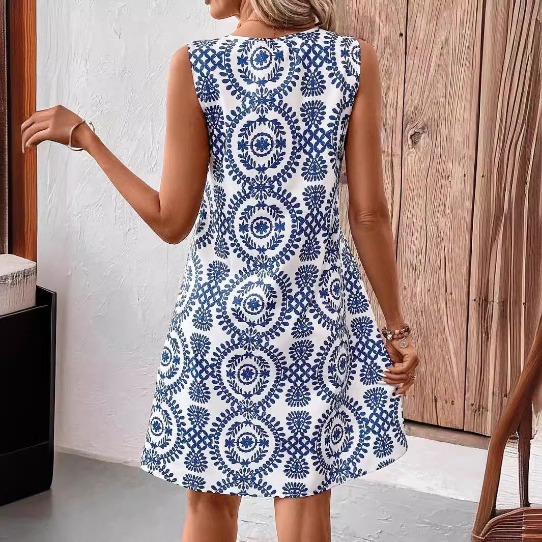 Elegant U-Neck Floral Print Sleeveless Dress with Ring Detail, Mid-Length Summer Dress for Women by eprolo