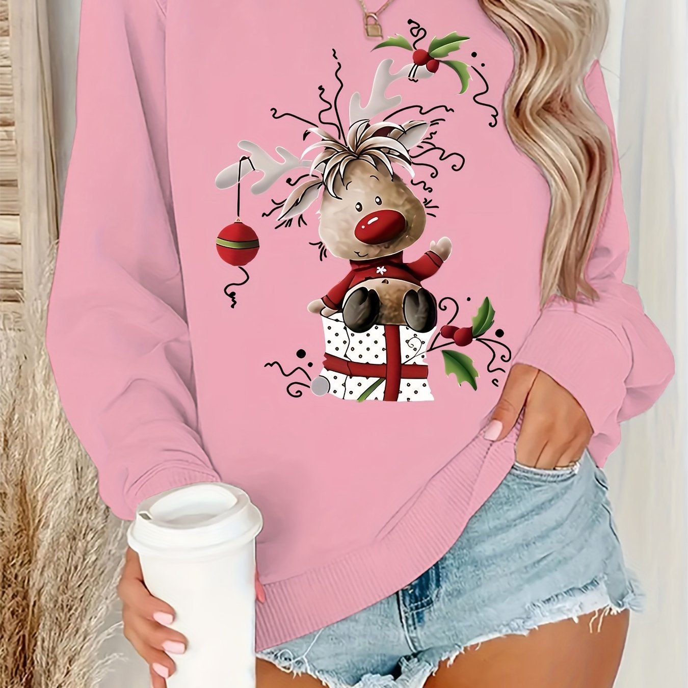 Long Sleeve Christmas Reindeer Graphic Crew Neck Sweatshirt by eprolo