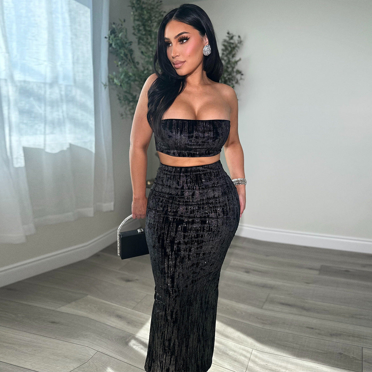 Open navel shiny silk strapless skirt set for women by eprolo
