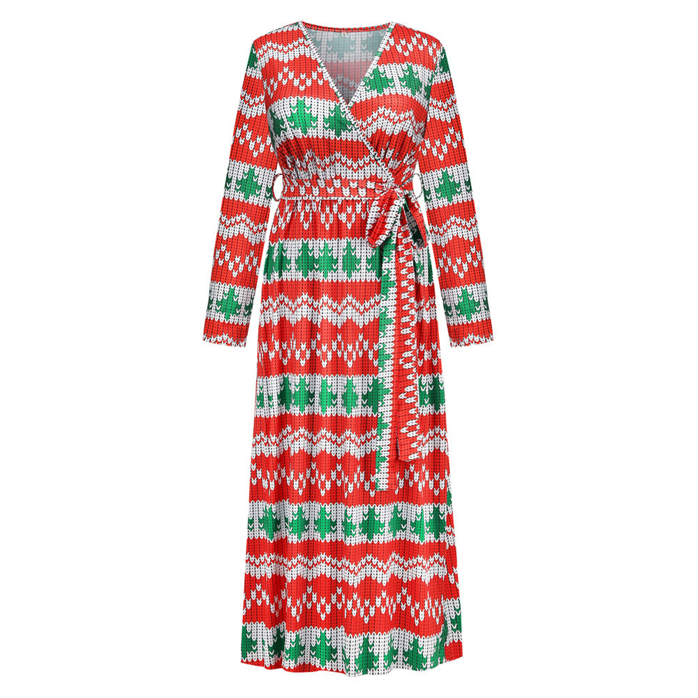 Christmas Print Dress Autumn Winter New Fashion V-Neck Long Knit Waist Dress jd