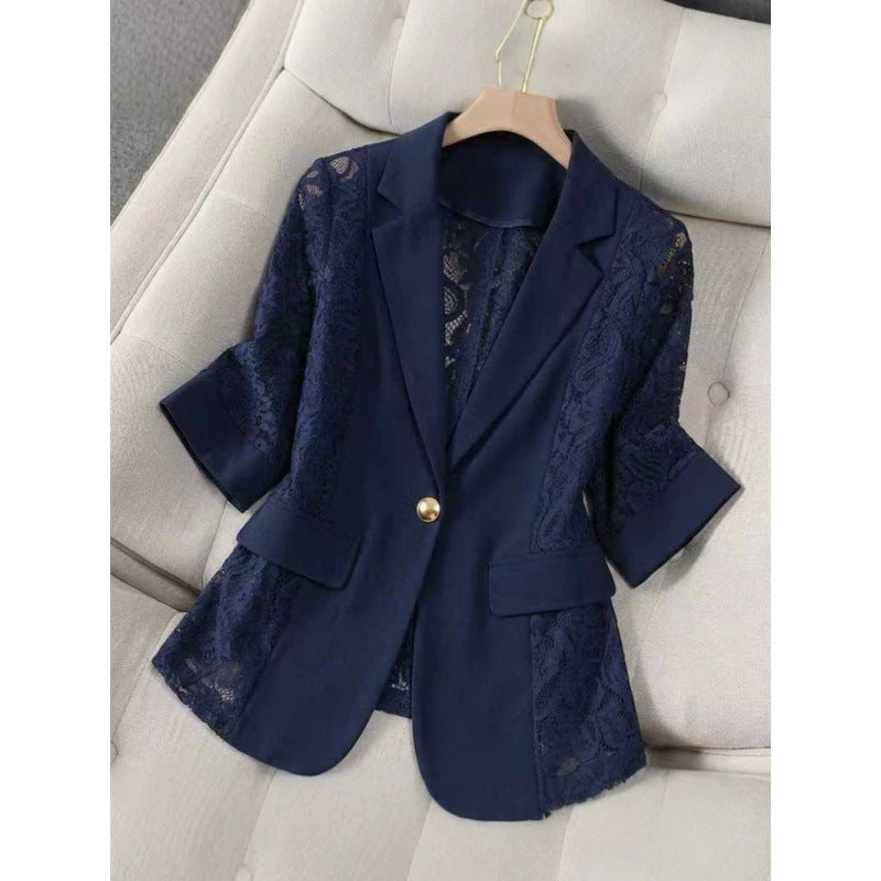 Solid color lace patchwork small suit jacket for women's top by eprolo