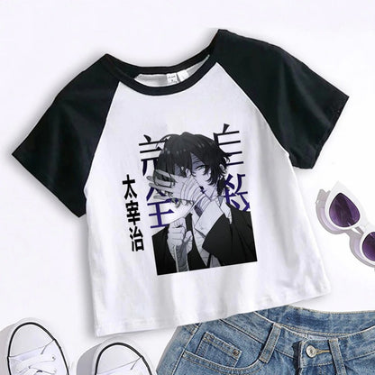 Crop Top Cartoon T Shirt Anime Bungou Stray Dogs Chuuya Nakahara Osamu Dazai Women Tops Tee Summer Clothes Camiseta Streetwear