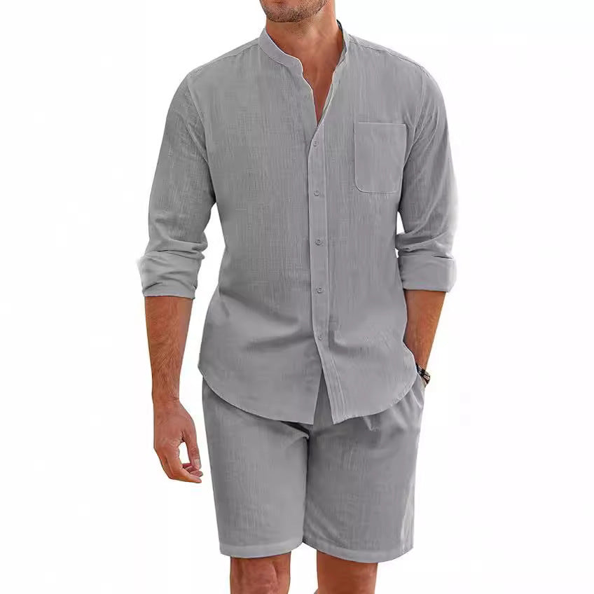 Casual Men's Summer Two-Piece Set Polyester Button-Up Long Sleeve Shirt and Shorts Cardigan Simple Leisure Beachwear