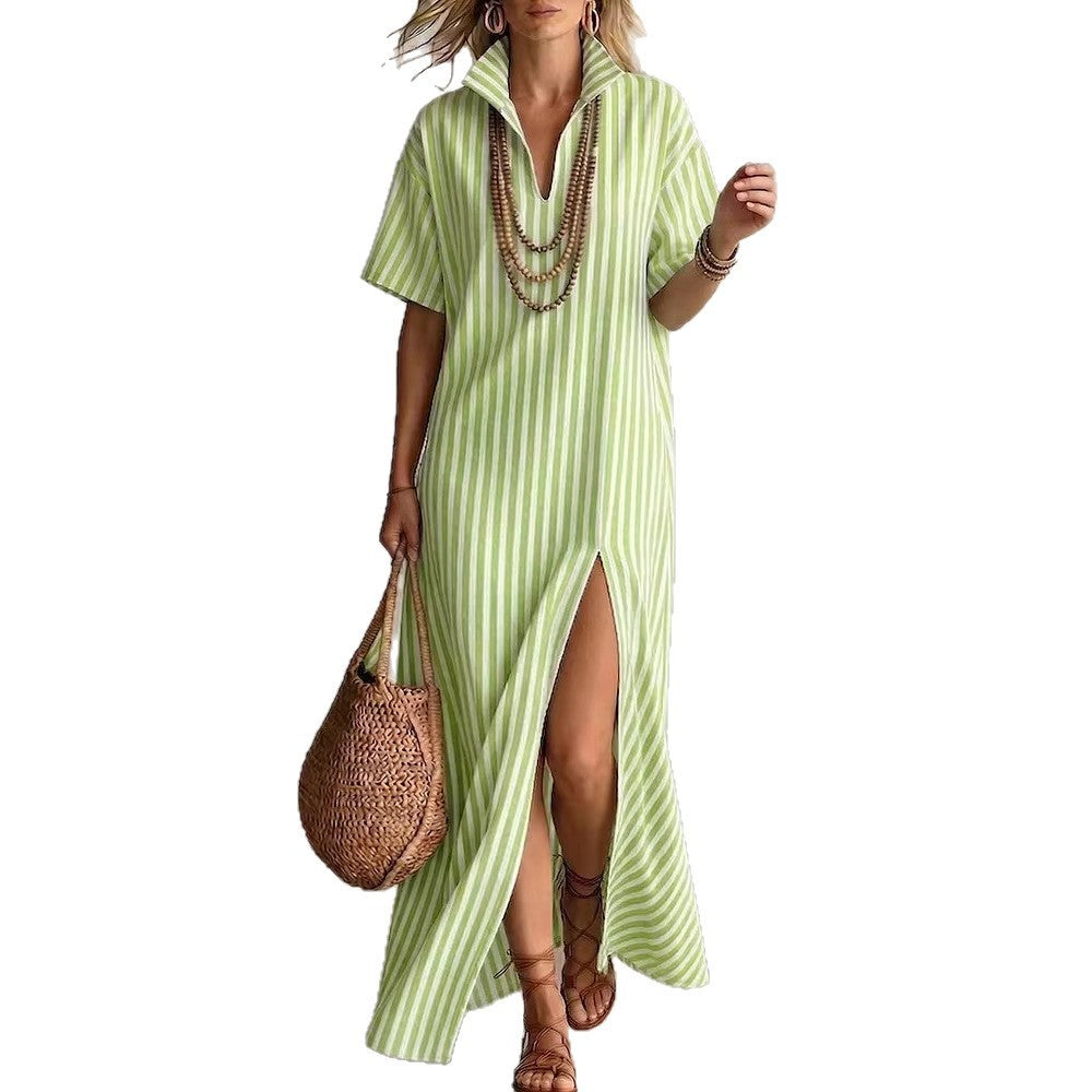 V-neck short sleeved striped split cotton linen dress by eprolo