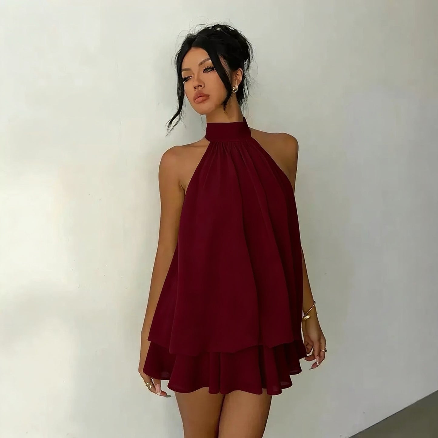 Women's vacation fitted sexy backless halter neck tie-waist dress with puffy short skirt by eprolo