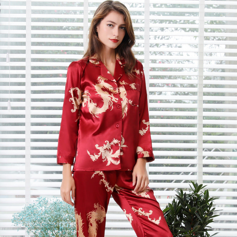 Simulated silk couple sleepwear new long sleeved set men's and women's V-neck silk printed dragon and phoenix home clothes by eprolo
